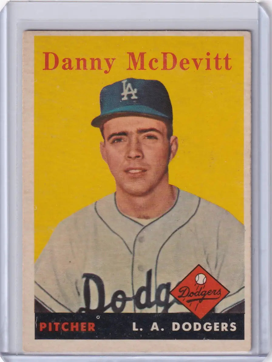 Vintage Los Angeles Dodgers baseball card featuring Danny McDevitt from 1958 Topps