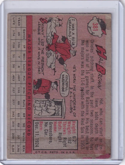 Vintage 1958 Topps #381 Hal Brown Trading Card featuring Baltimore Orioles design
