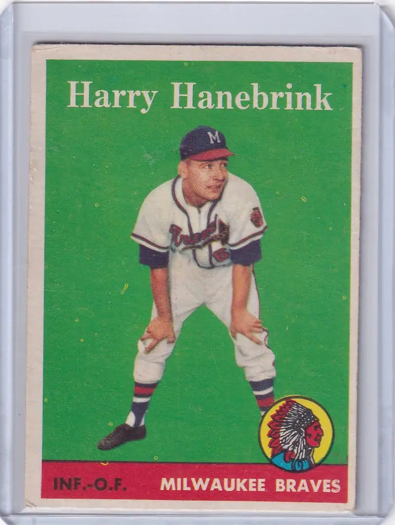 Vintage baseball card of Harry Hanebrink in pitching stance for Milwaukee Braves