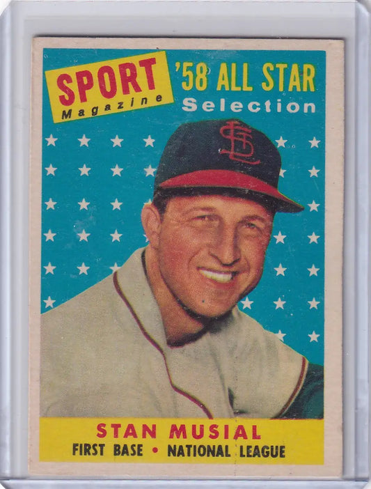 Vintage 1958 Topps Sport Magazine All-Star baseball card of Stan Musial from the St. Louis Cardinals