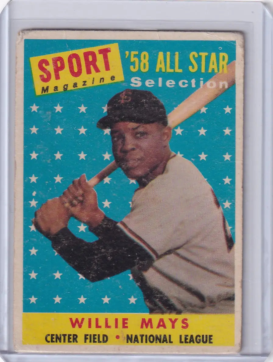 Vintage 1958 Topps Willie Mays baseball card with San Francisco Giants logo and stars