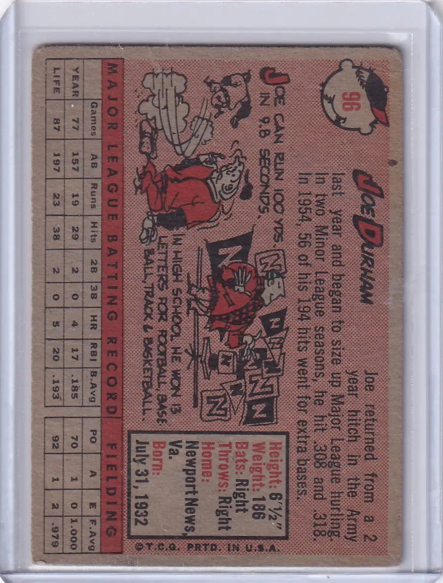Vintage 1958 Topps #96 Joe Durham Baltimore Orioles RC trading card collectible