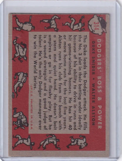 Vintage Baseball Card featuring Dodgers Boss Alston Snider with cartoon dogs on red background