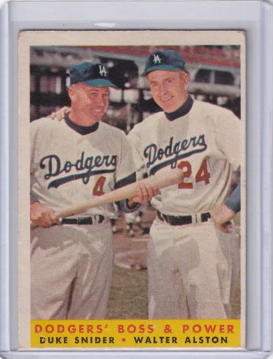 Vintage baseball card of Dodgers players shaking hands, featuring Power Duke Snider
