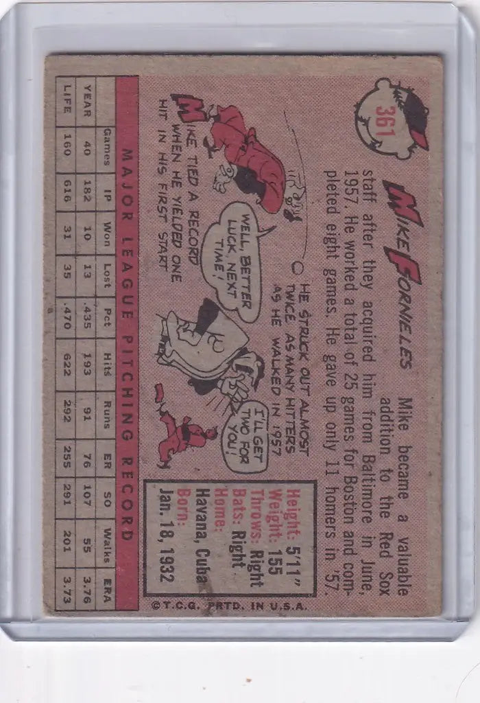 Vintage 1958 Topps Baseball card of Mike Fornieles, Boston Red Sox player statistics