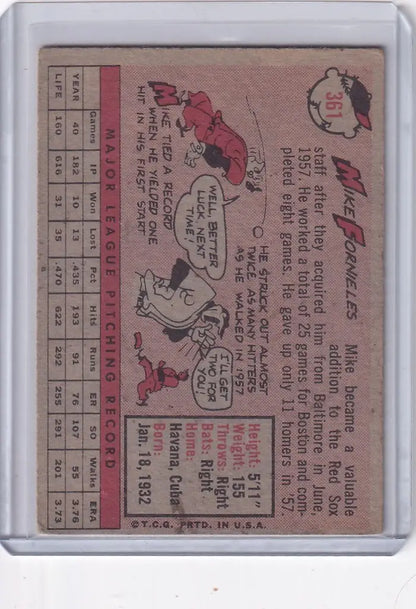 Vintage 1958 Topps Baseball card of Mike Fornieles, Boston Red Sox player statistics
