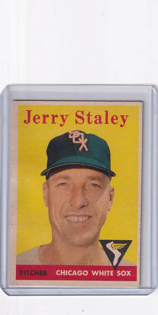 Baseball card of Jerry Staley smiling in a green cap for Chicago White Sox Topps Baseball