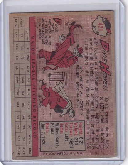 Vintage 1958 Topps Baseball #421 Dixie Howell card featuring cartoon illustrations and stats