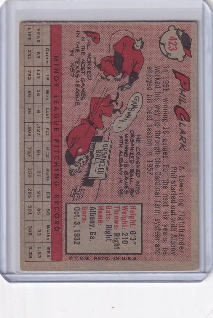 Vintage Topps Baseball card of Phil Clark with St. Louis Cardinals on pink background