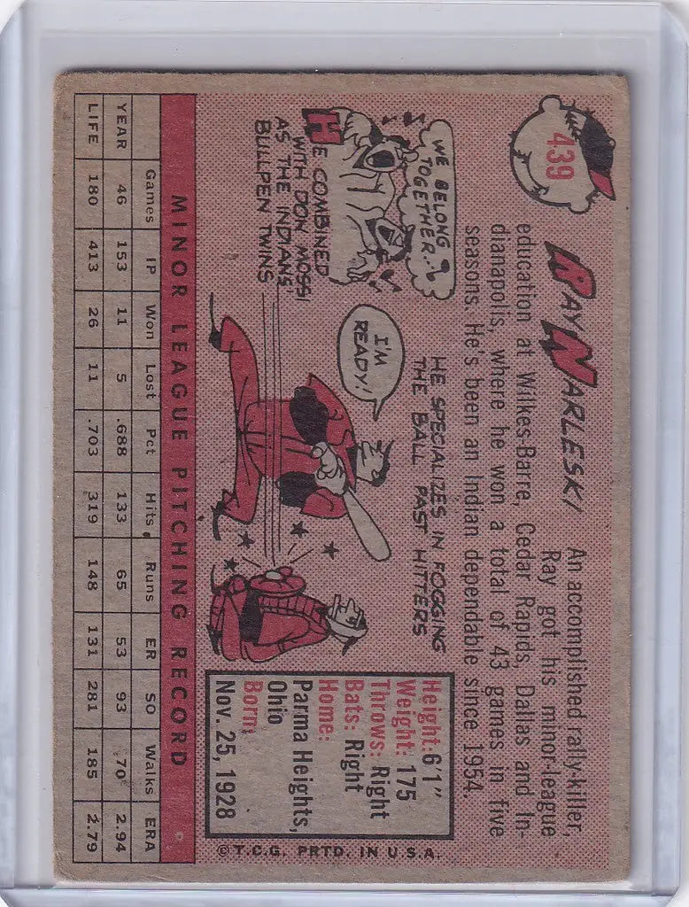 Vintage 1958 Topps Baseball card of Ray Narleski from the Cleveland Indians