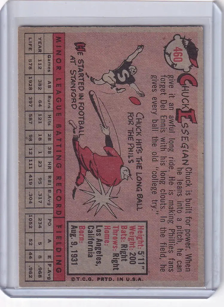 Vintage 1958 Topps Baseball card of Chuck Essegian Philadelphia Phillies player illustration