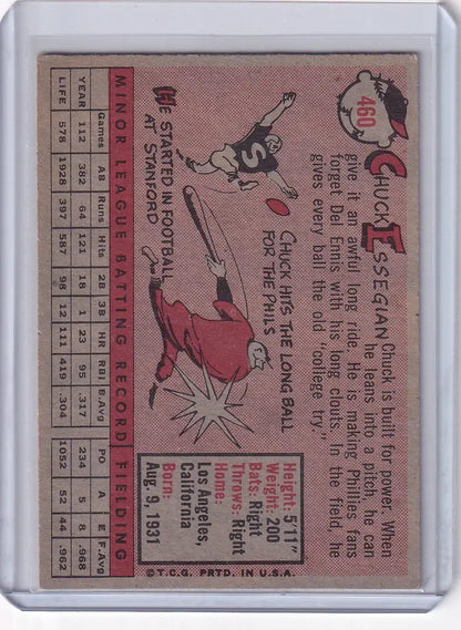 Vintage 1958 Topps Baseball card of Chuck Essegian Philadelphia Phillies player illustration