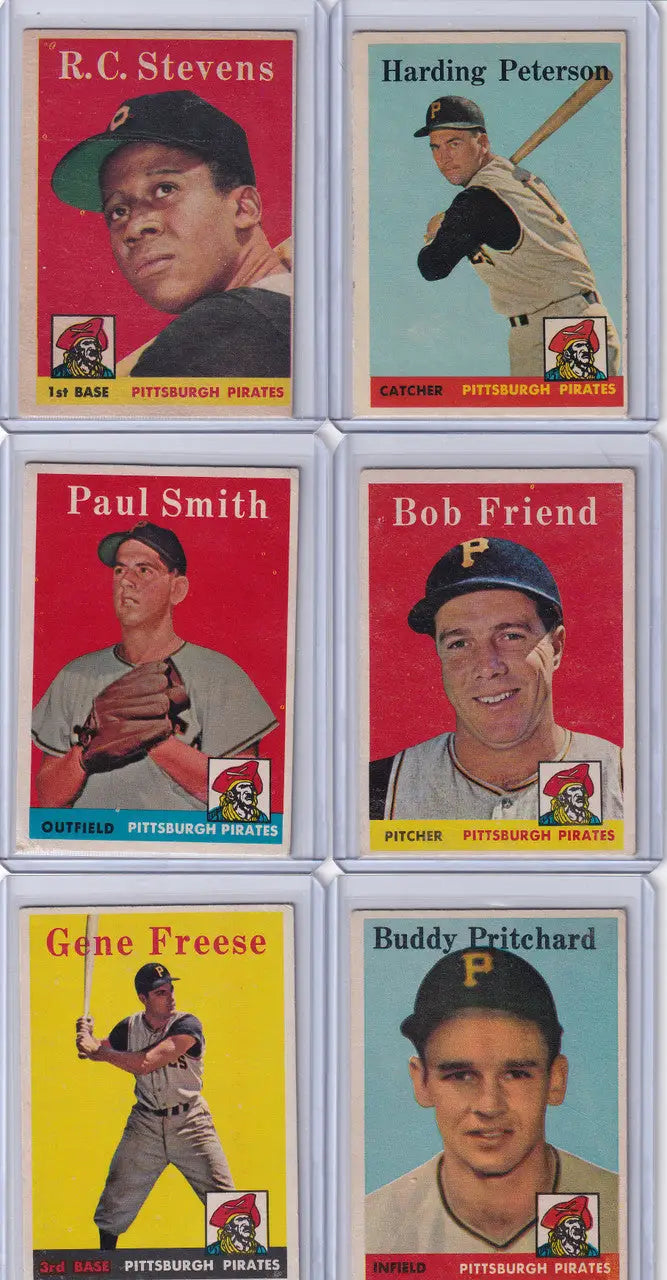 Vintage 1958 Topps baseball cards featuring Pittsburgh Pirates team players and Clemente