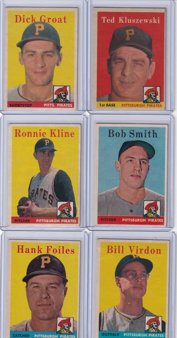 Six vintage 1958 Topps baseball cards featuring Pittsburgh Pirates players and Phillies stars