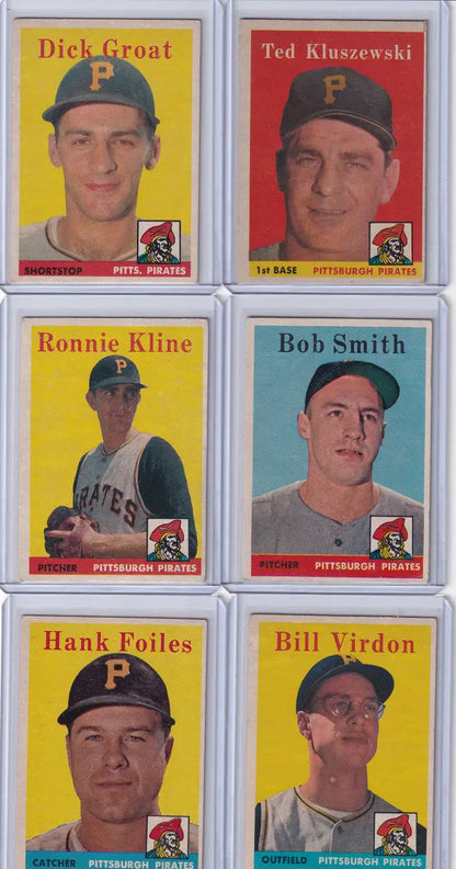 Six vintage 1958 Topps baseball cards featuring Pittsburgh Pirates players and Phillies stars