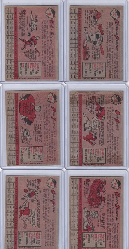 Collection of six vintage red 1958 Pittsburgh Pirates baseball trading cards displayed