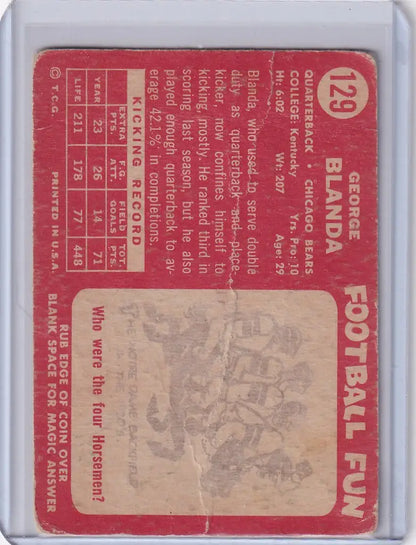 Vintage 1958 Topps Football trading card of George Blanda from the Chicago Bears
