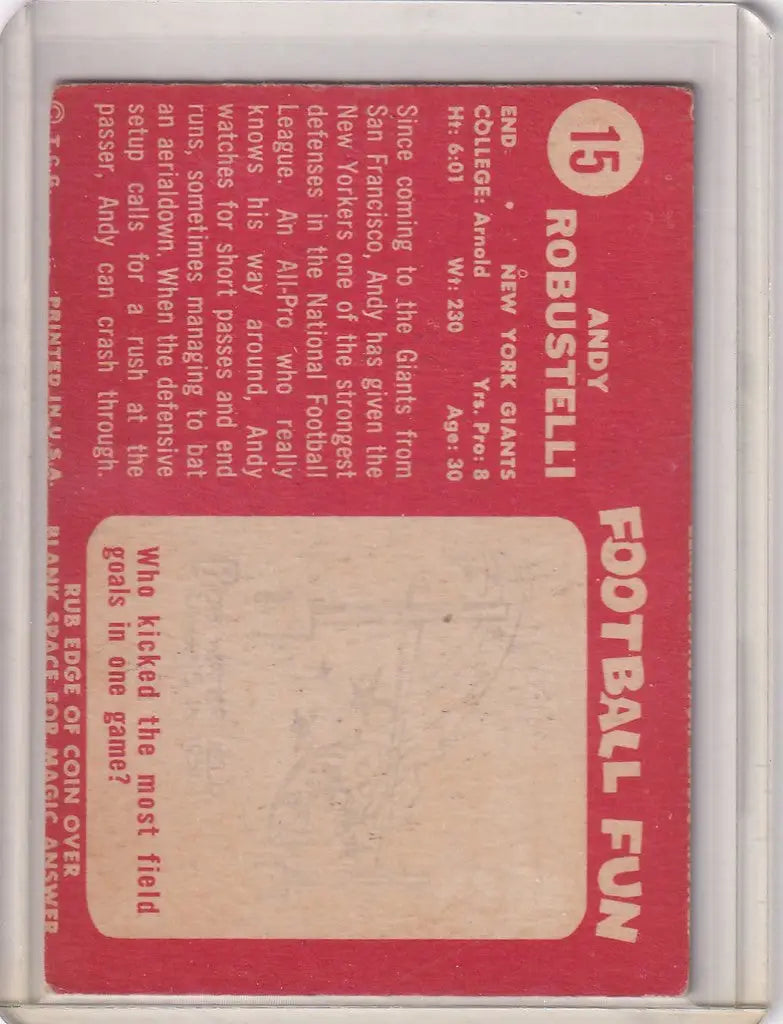 Vintage 1958 Topps Football card of Andy Robustelli with red background and blank photo area