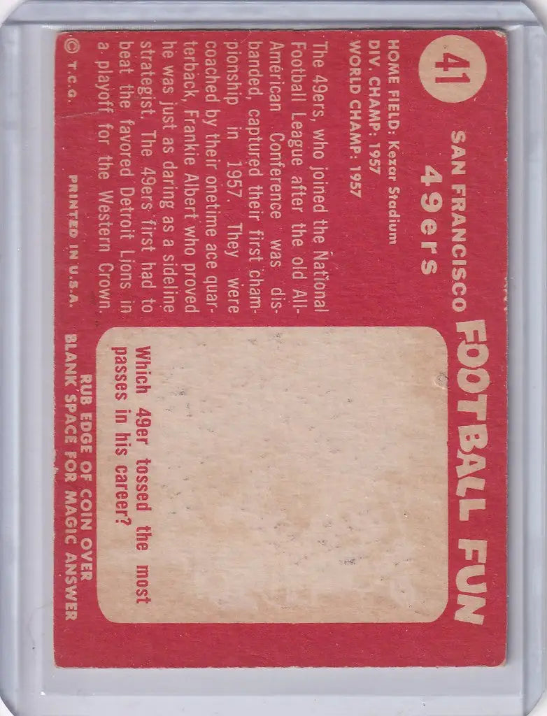Vintage Topps Football card featuring San Francisco 49ers Team on red background