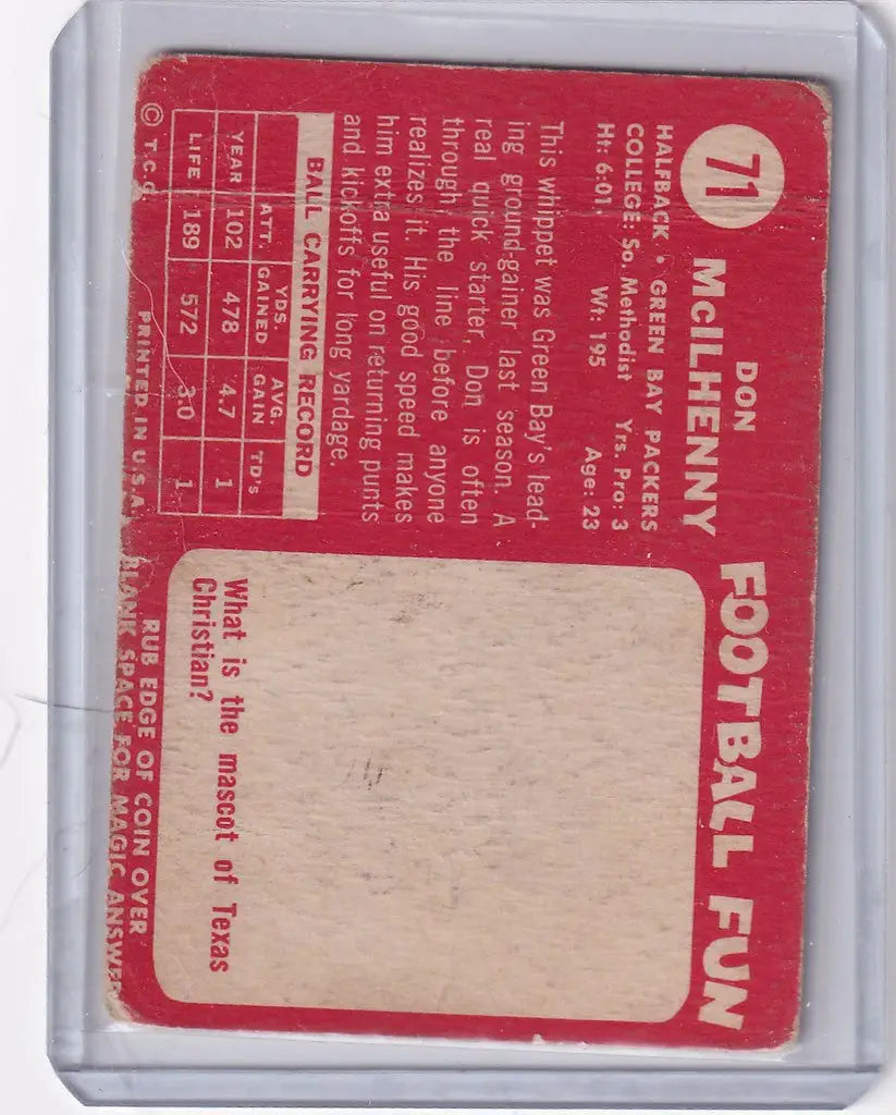 Vintage red Don McIlhenny Topps Football card in sleeve for Green Bay Packers fans