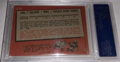Earl Balfour Chicago hockey card from 1959 60 Topps PSA 6 featuring Chicago Blackhawks