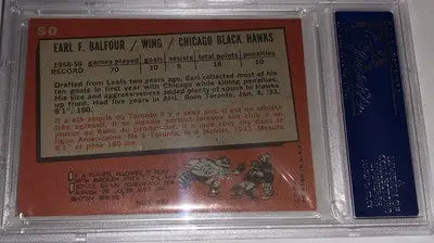 Earl Balfour Chicago hockey card from 1959 60 Topps PSA 6 featuring Chicago Blackhawks