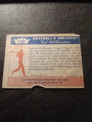 1959 Fleer Ted Williams - w/Joe Cronin #55. Retirement ’No Go.’ Paper loss. VG - Baseball Card Single