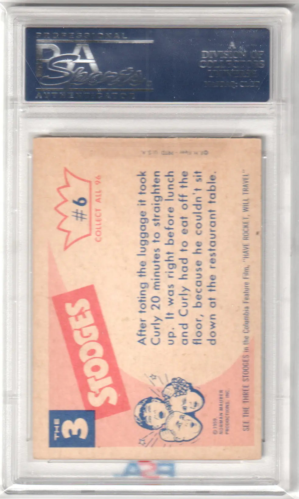 Graded Three Stooges trading card showing Hey Moe from 1959 Fleer collection in PSA 5.5