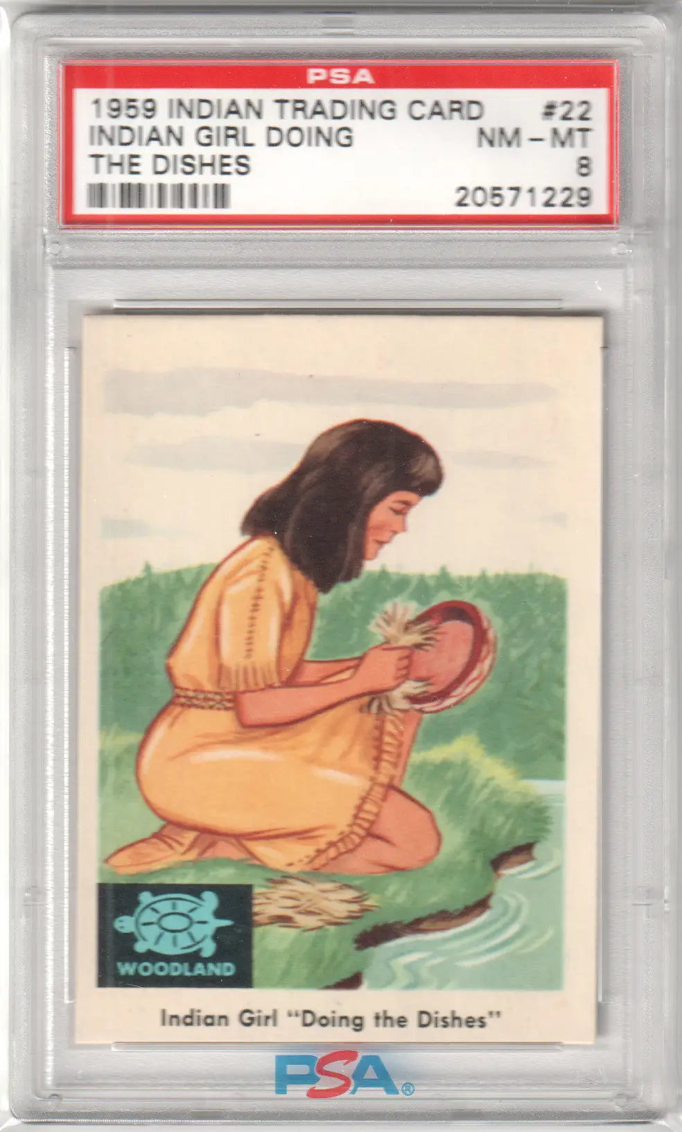 Graded vintage Indian trading card featuring an Indian Girl doing dishes PSA 8