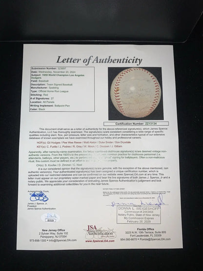 Letter of Authenticity for 1959 Los Angeles Dodgers Team Signed Baseball JSA LOA