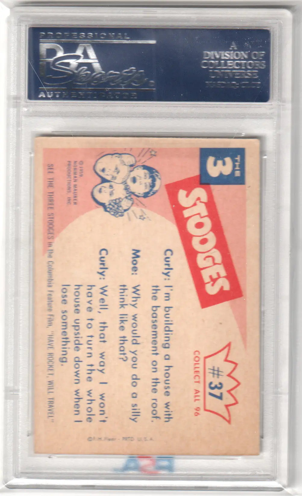 Encapsulated Three Stooges trading card from 1959 in PSA 5 condition