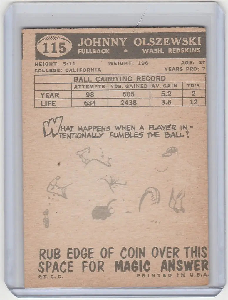 Vintage Johnny Olszewski Washington Redskins trading card with statistics and scratch-off area