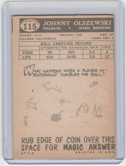 Vintage Johnny Olszewski Washington Redskins trading card with statistics and scratch-off area