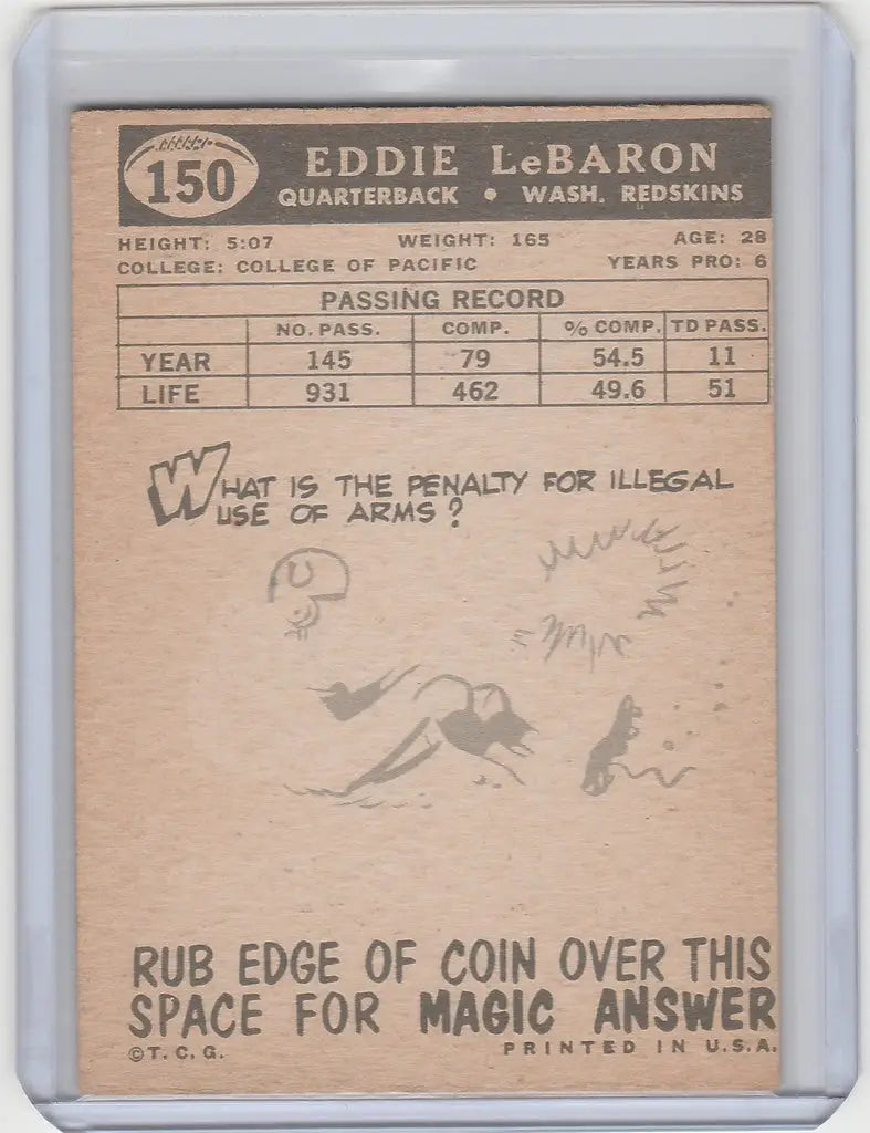 Vintage Eddie LeBaron Washington Redskins trading card with notes and scratch-off area