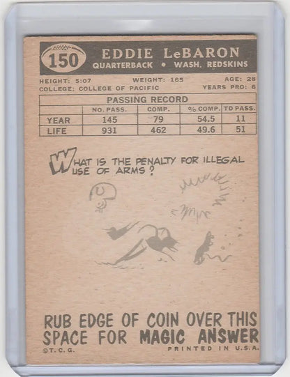 Vintage Eddie LeBaron Washington Redskins trading card with notes and scratch-off area
