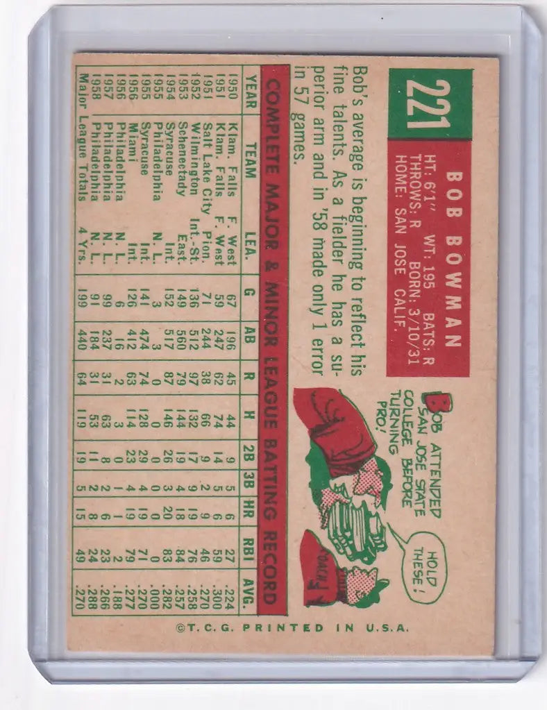 Vintage 1959 Topps Bob Bowman baseball card showcasing Philadelphia Phillies catcher