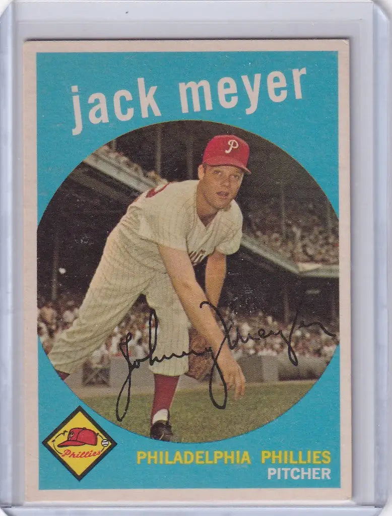 Vintage baseball card of Jack Meyer - Philadelphia Phillies pitcher in throwing stance