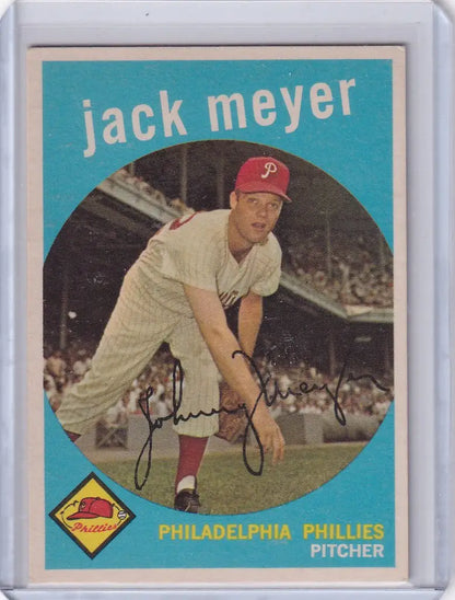 Vintage baseball card of Jack Meyer - Philadelphia Phillies pitcher in throwing stance