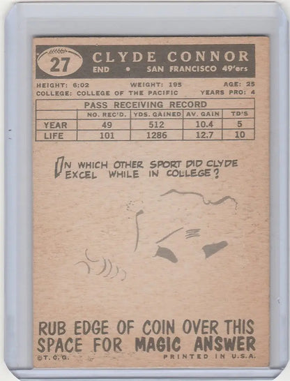 Vintage 1959 Topps Clyde Conner San Francisco 49ers trading card with player stats and scratch-off