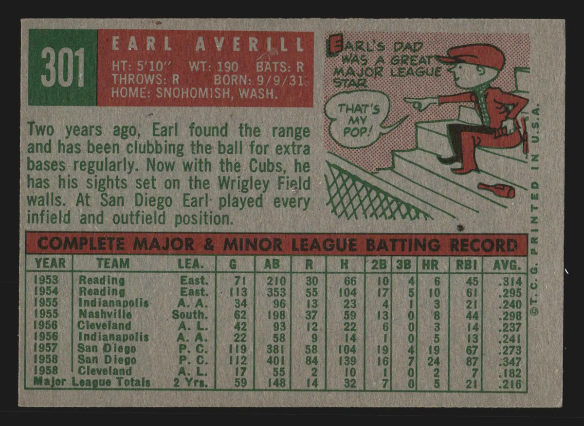 1959 Topps #301 Earl Averill Jr Chicago Cubs RC - Baseball Card Single