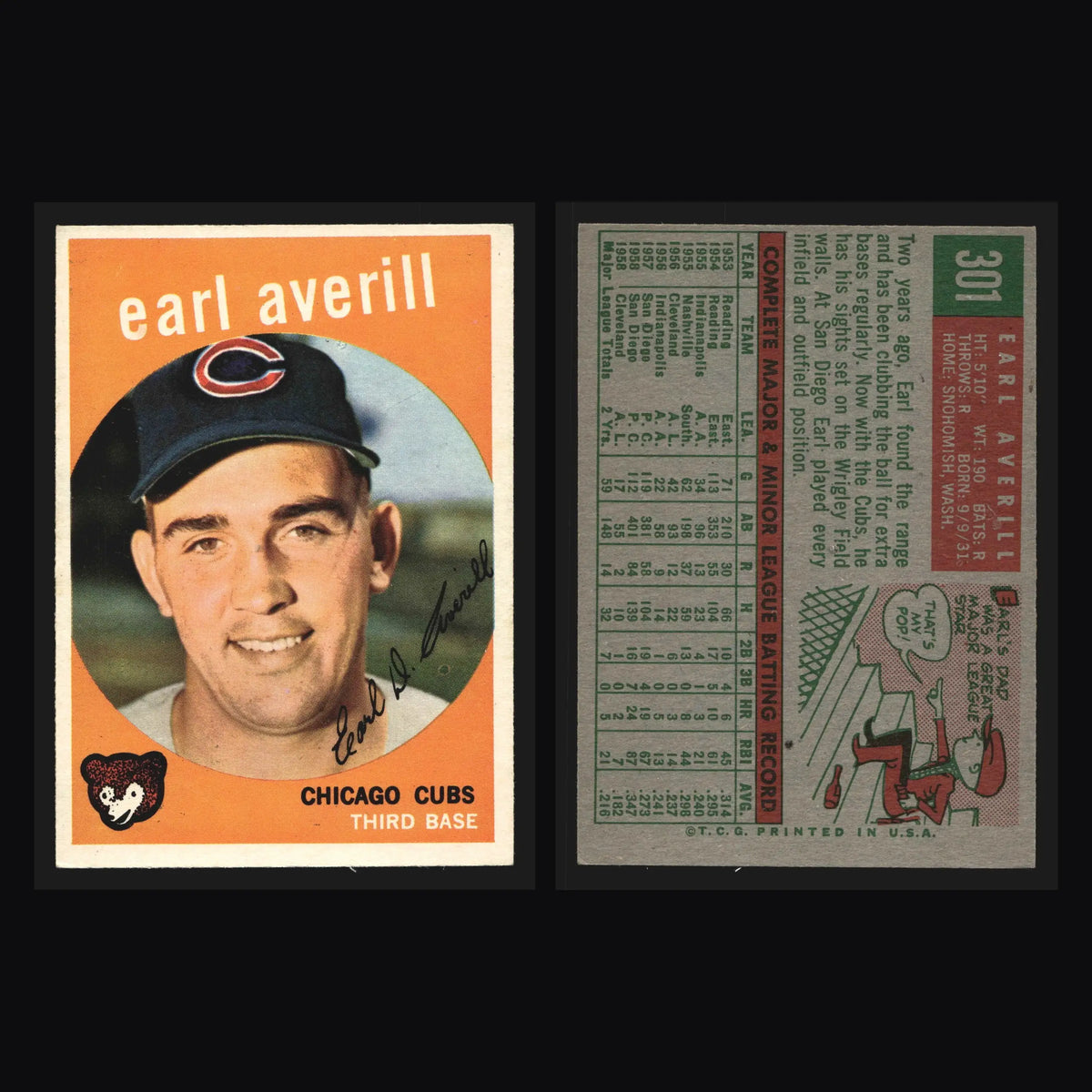 1959 Topps #301 Earl Averill Jr Chicago Cubs RC - Baseball Card Single