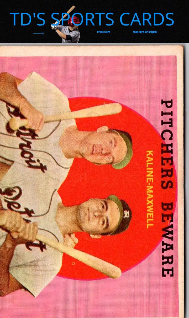 Vintage 1959 Topps #34 Pitchers Beware Trading Card featuring Al Kaline and Charlie Maxwell