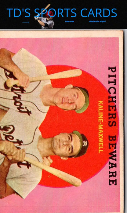 Vintage 1959 Topps #34 Pitchers Beware Trading Card featuring Al Kaline and Charlie Maxwell