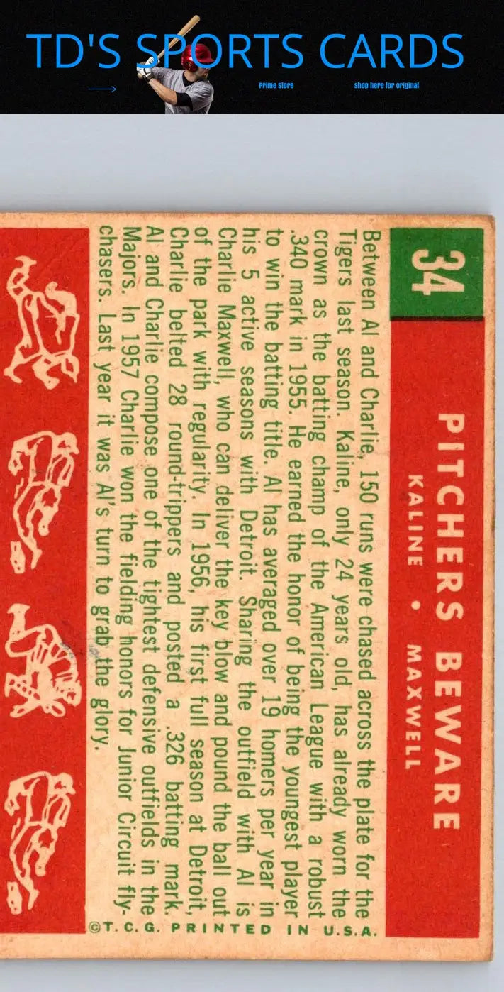 Vintage baseball card back of 1959 Topps #34 Pitchers Beware featuring Charlie Maxwell