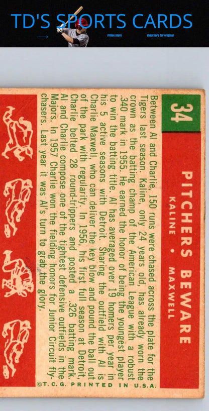 Vintage baseball card back of 1959 Topps #34 Pitchers Beware featuring Charlie Maxwell