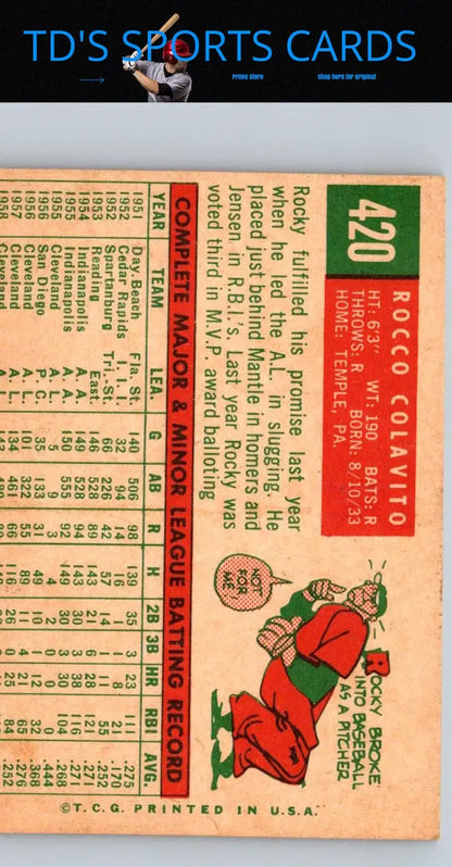 Vintage 1959 Topps #420 Rocco Colavito baseball card for trading card collectors