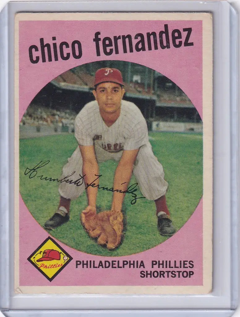 Vintage trading card of Chico Fernandez in a crouched position for the Philadelphia Phillies