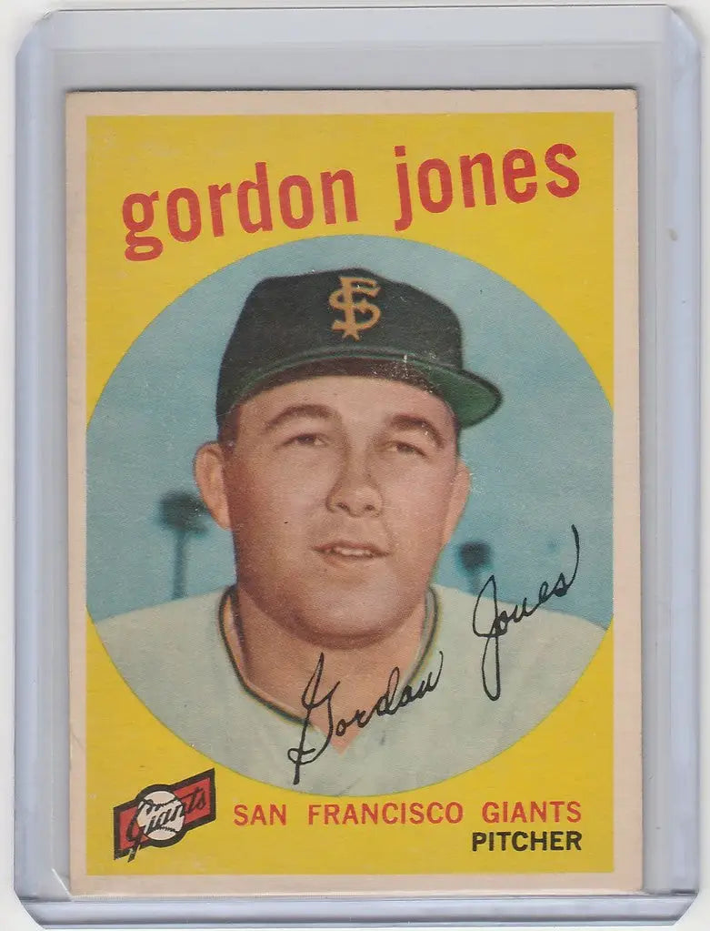Baseball card of Gordon Jones San Francisco pitcher on yellow background, 1959 Topps #458