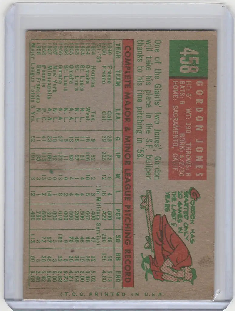Vintage baseball card of Gordon Jones San Francisco Giants with player stats and illustration