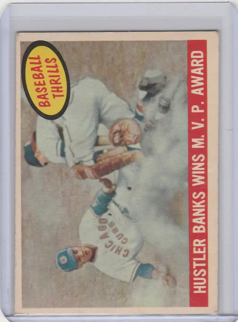 Vintage 1959 Topps baseball card of Ernie Banks Wins MVP sliding into base for Chicago Cubs